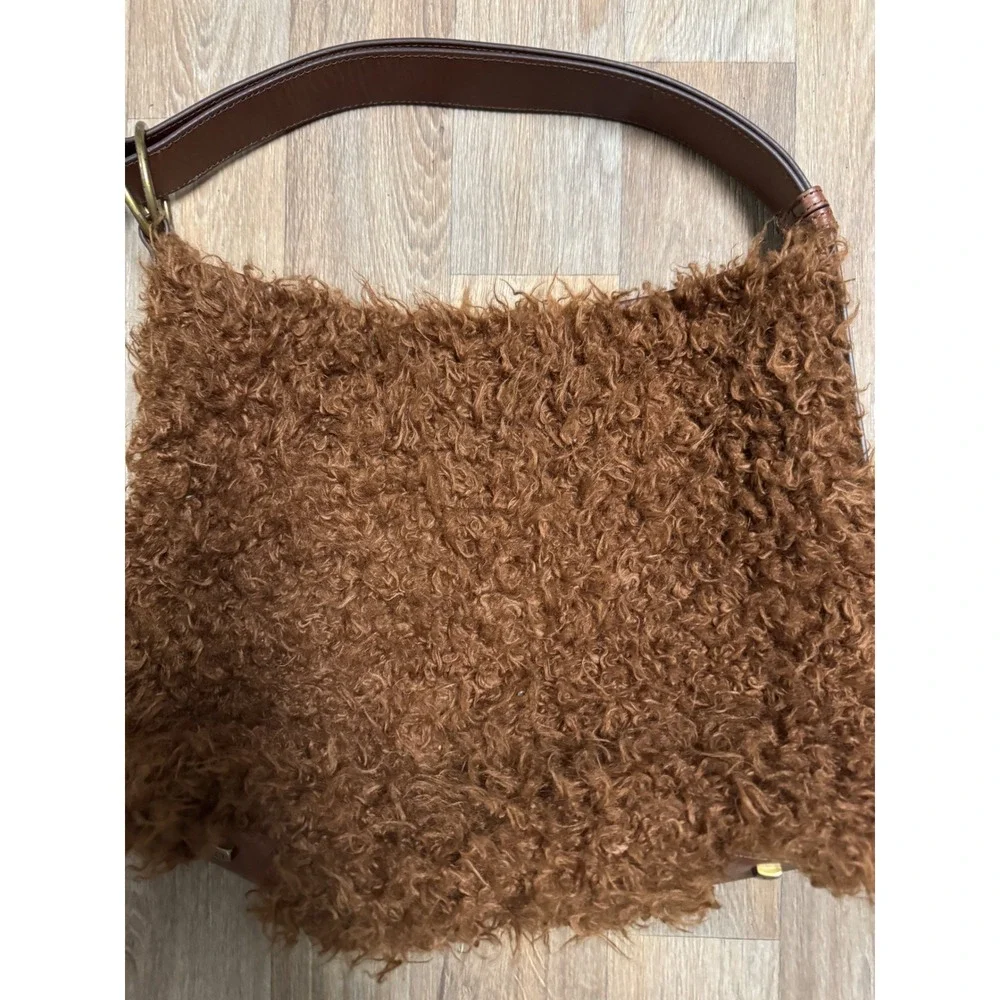 Eric Javits Brown Faux Fur Hobo Bag Leather Trim Adjustable Strap Shoulder Bag